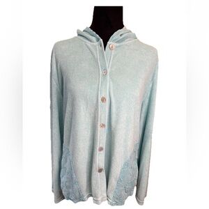 Russ Berens turquoise blue 1990s button up terry cloth ladies jacket size medium